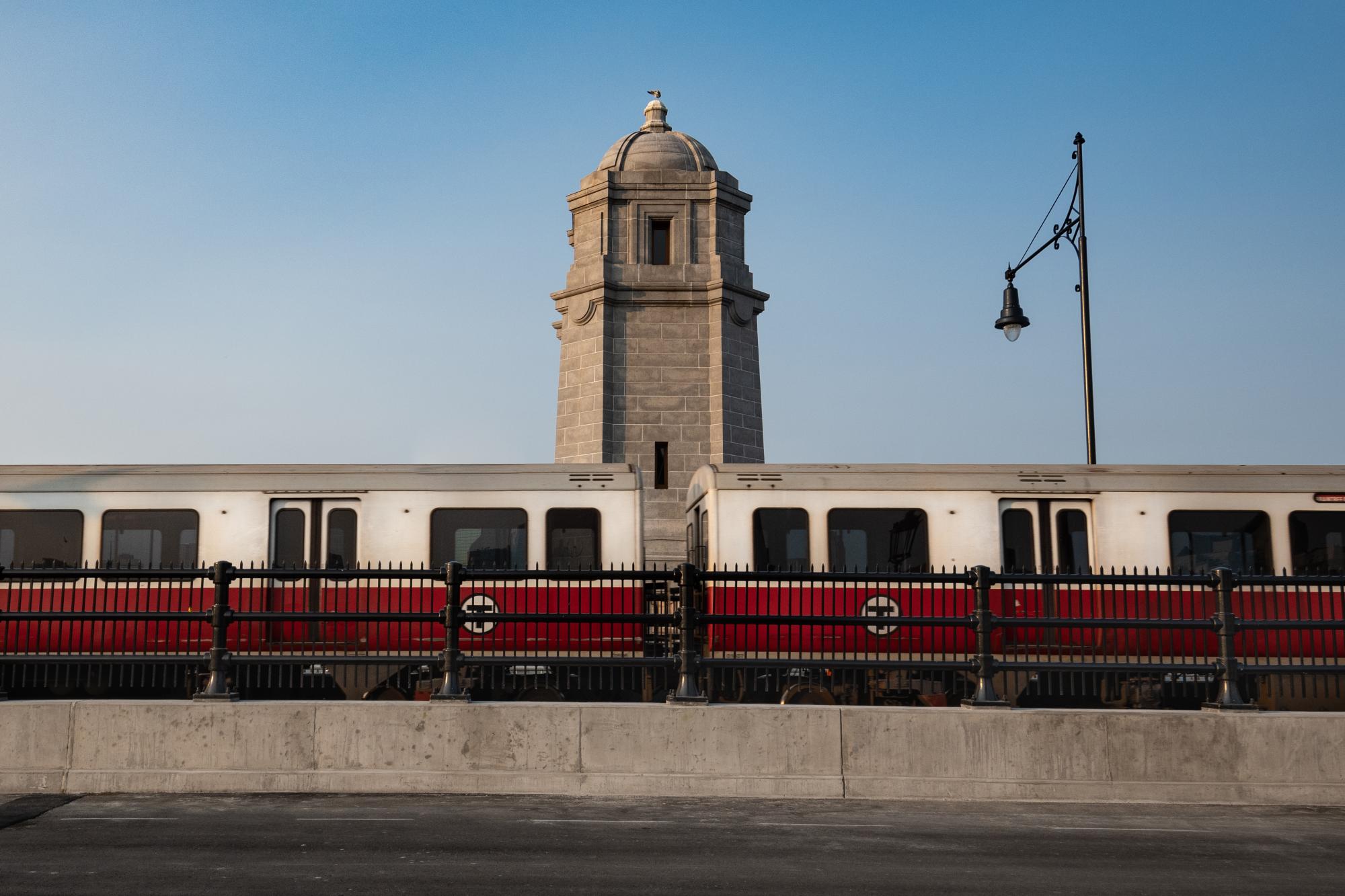 A Red Line train crosses the Longfellow Bridge.