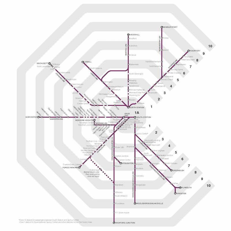 Commuter Rail system map, with zones indicated