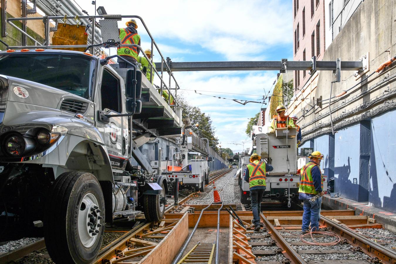 Crews work on the tracks near the Fenway Portal