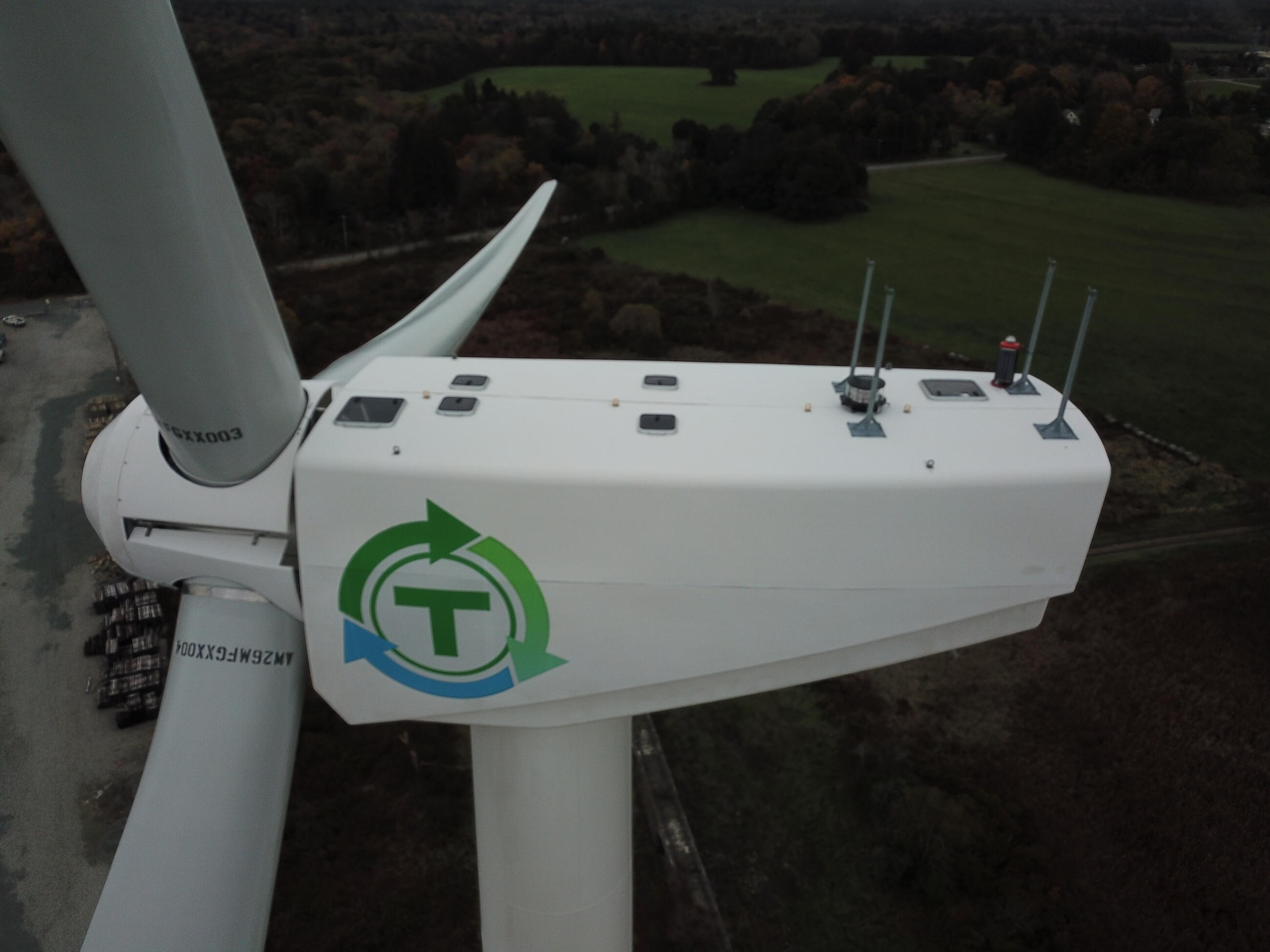 Close up view of the MBTA's wind turbine in Kingston Massachusetts. 