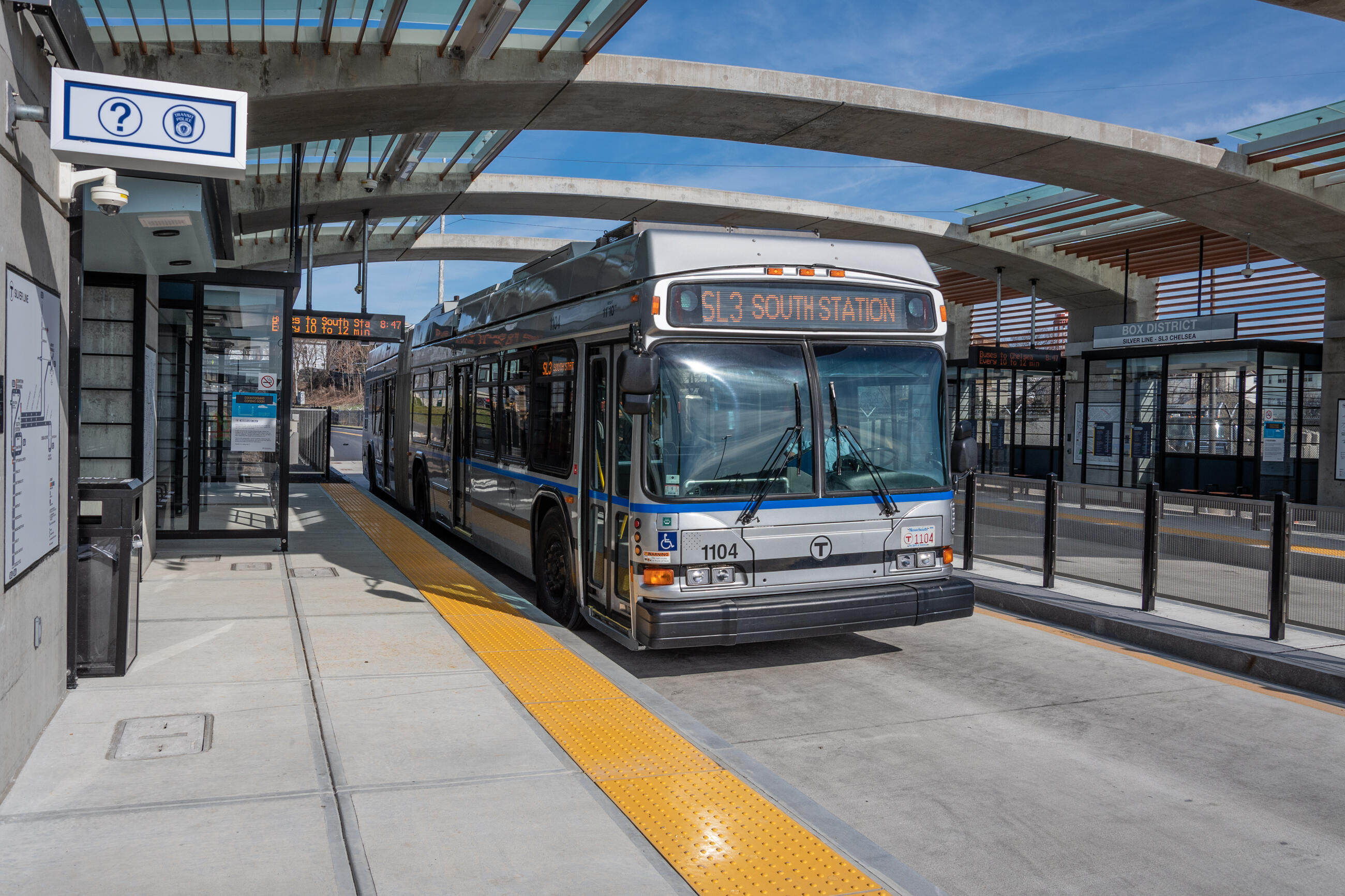 A closeup of a Silver Line bus with 