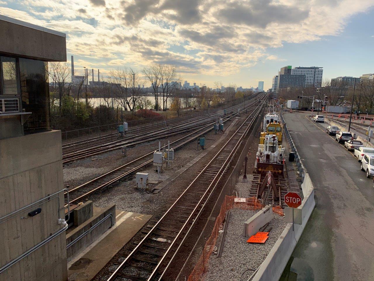 The tracks leading from Wellington Yard, with the city skyline in the background