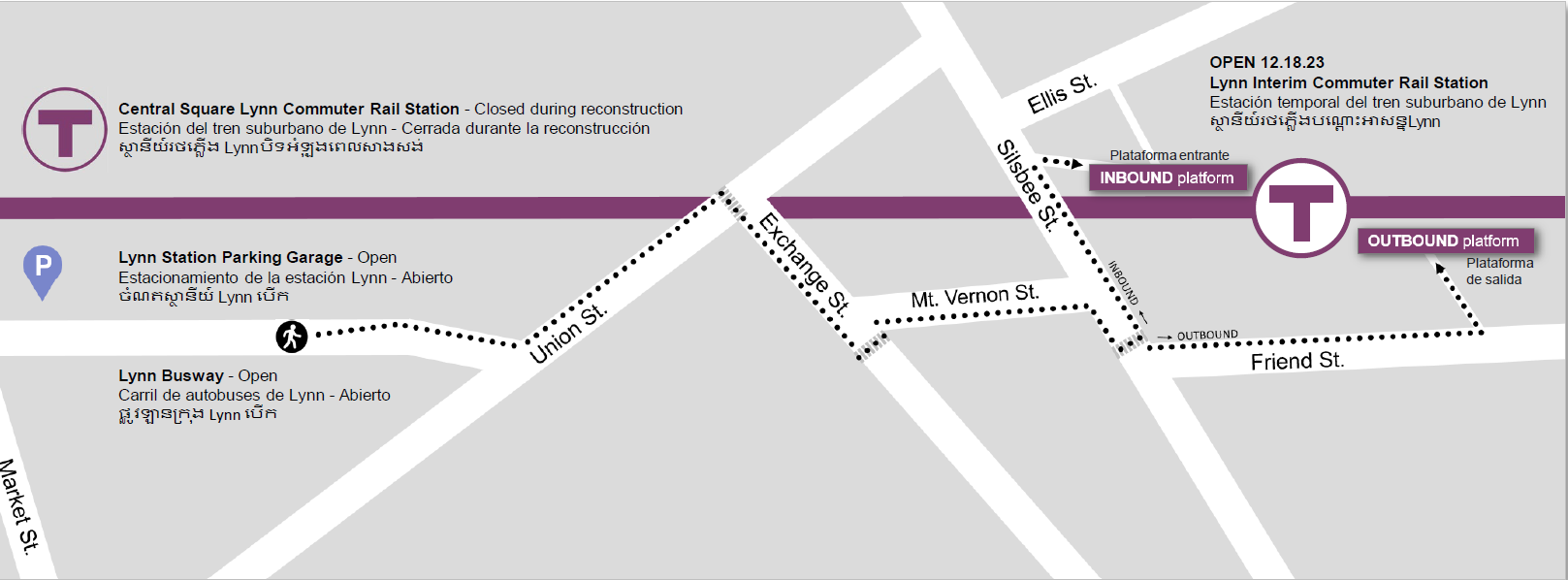 To walk to the interim station from the Lynn busway or parking garage, take a left on Union street, right on Exchange street, left on Mt. Vernon Street, right on Silsbee Street, and then cross at the crosswalk. For the inbound platform, follow Silsbee Street to the left. For the outbound platform, go straight onto Friend Street.