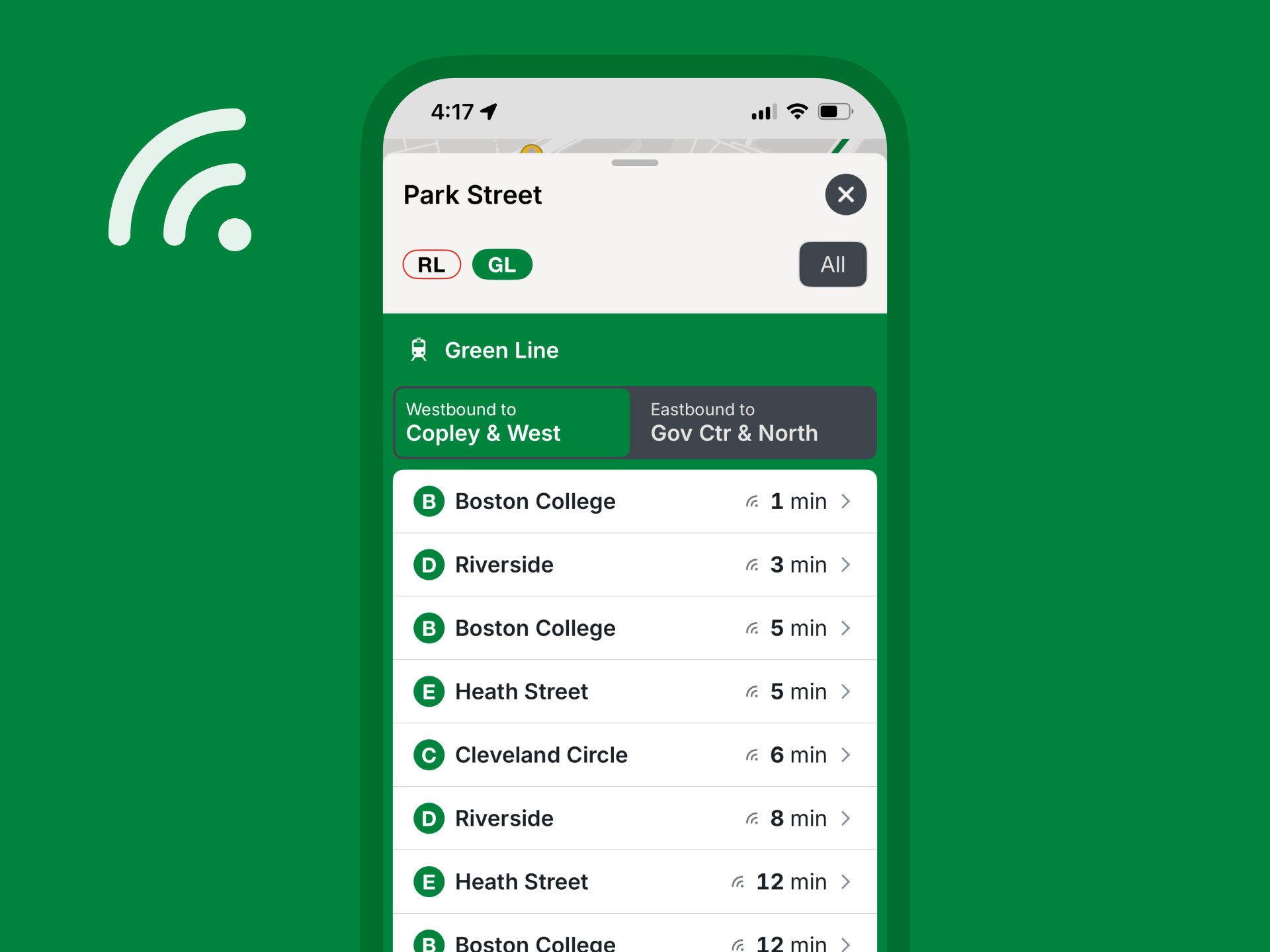 A screenshot of the MBTA Go live arrival times feature, showing a list of Green Line vehicles and when each will arrive at Park Street station.