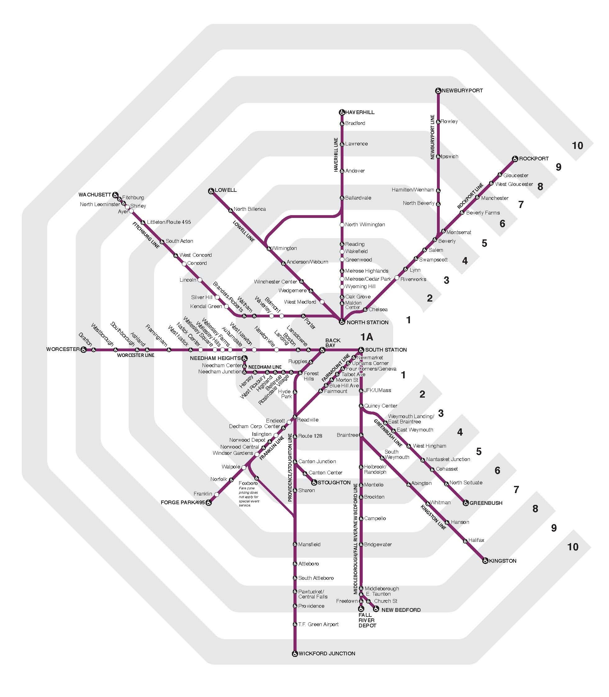 Map of commuter rail fare zones